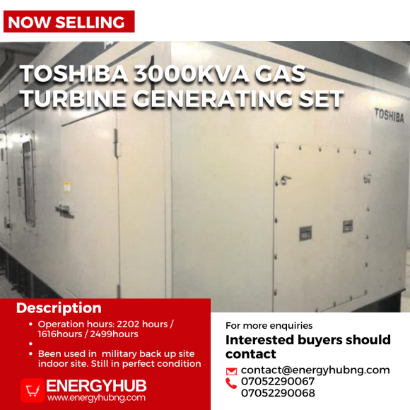 TOSHIBA 3000kva gas turbine generating set for sale on energyhubng.com