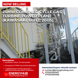 For sale: 24MW Combined Cycle Gas Turbine Power Plant (Kawasaki, 60Hz, 2005).