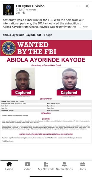 FBI nabs most-wanted fraudster Abiola Kayode who fled Nigeria to Ghana after $6 million business email racket